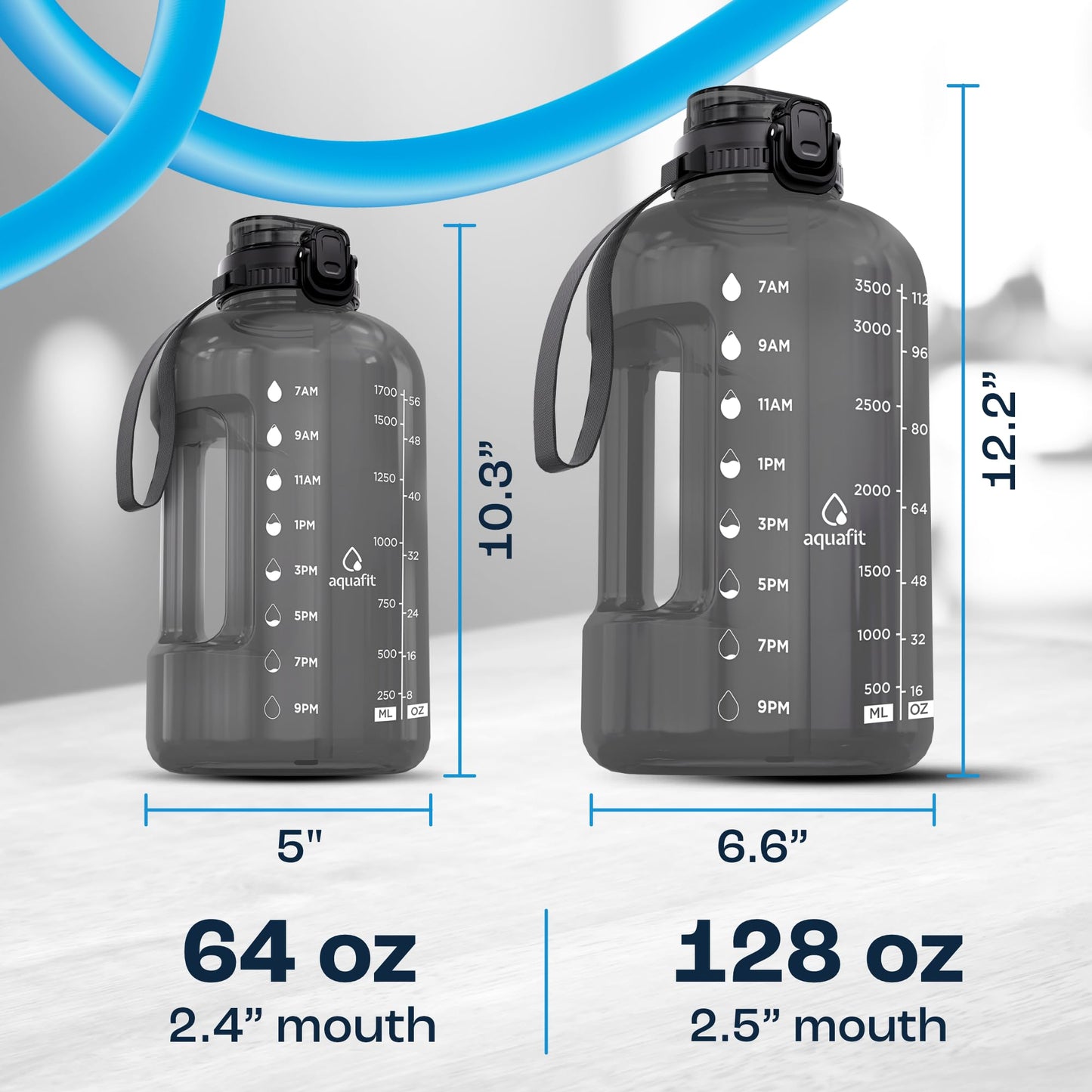 AQUAFIT Half Gallon Water Bottle with Time Marker - Straw & Chug Lid - BPA Free Gym Water Bottle with Straw - Big Gallon Jug (Gray, 64 oz - 2in1 Lid)