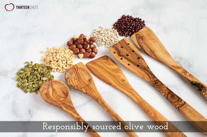 Tramanto Olive Wood Utensil Set - 5 Piece Spatula and Spoon Wooden Cooking Tools, 12 Inch Long, Rustic Hand Made with Gift Box