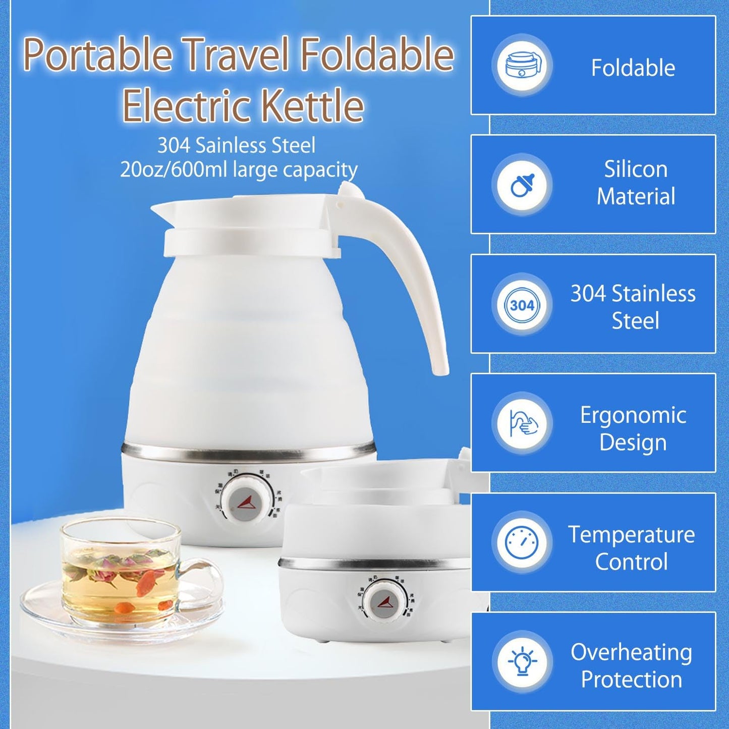 Portable Travel Foldable Electric Kettle Collapsible Food Grade Silicone Mini Water Boiler For Coffee or Tea Fast Water Boiling Pot 6 Modes Adjustable 600ml/20oz (Yellow)