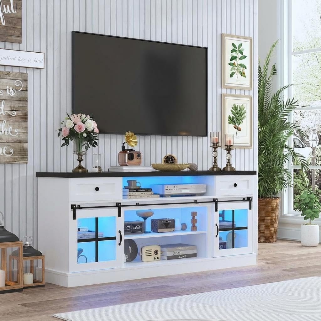 Garvee Farmhouse TV Stand for 80" TVs, Media Console Table with 2 Drawers, Power Outlets, Led Light, Barn Doors, Entertainment Center with Adjustable Shelves for Home Office, 66" w, White+Black Top