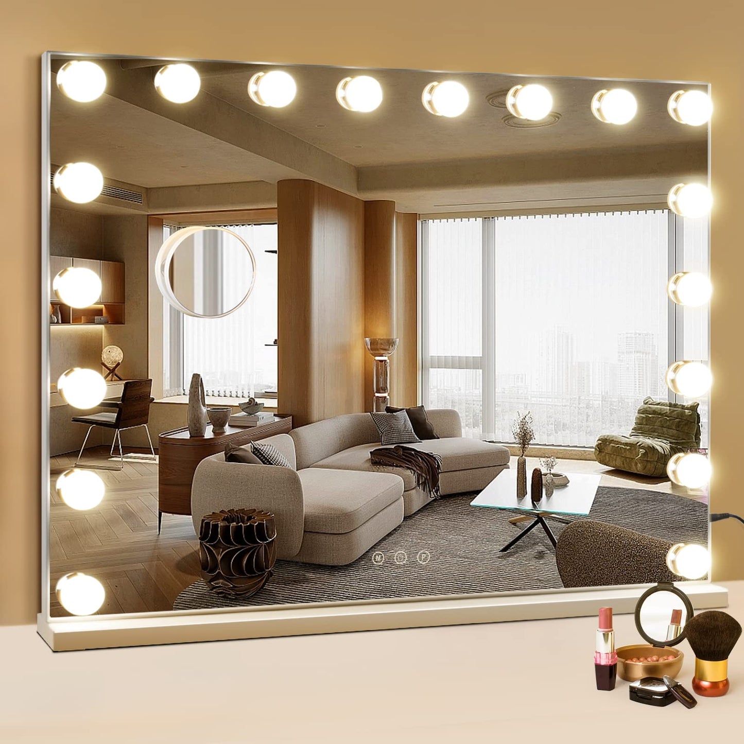 M MIVONDA Hollywood Vanity Mirror with Dimmable 15LED Bulbs Lights 3 Lighting Modes 2in1 Large Lighted Makeup Mirror for Desk and Wall with Plug-in and USB Charger Port