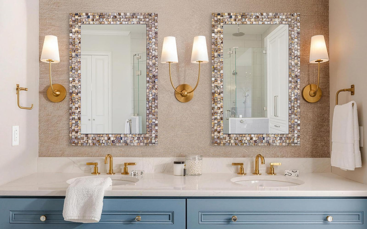 Large 36''x24'' Bathroom Mirror with Mosaic Frame, Modern Decorative Mirror with Handcrafted Mother of Pearl, Rectangular Wall Mounted Mirror for Entryway, Living Room, Fireplace Coastal Style