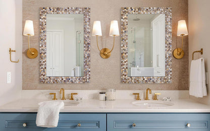 Large 36''x24'' Bathroom Mirror with Mosaic Frame, Modern Decorative Mirror with Handcrafted Mother of Pearl, Rectangular Wall Mounted Mirror for Entryway, Living Room, Fireplace Coastal Style