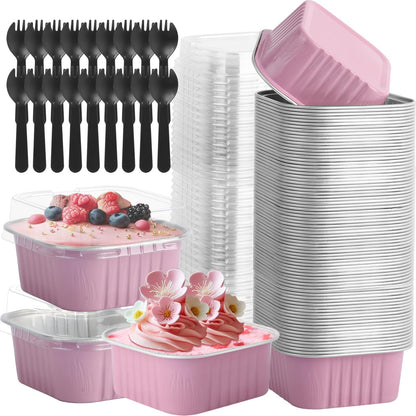 CXIIPOL 60 Pack Mini Square Cake Pans with lids and Spoons, 5 OZ Pink Disposable Ramekins Cake Pans, 3.5x3.5 Inch Aluminum Foil Baking Cups for Mother's Day, New Year, Anniversaries, Birthdays