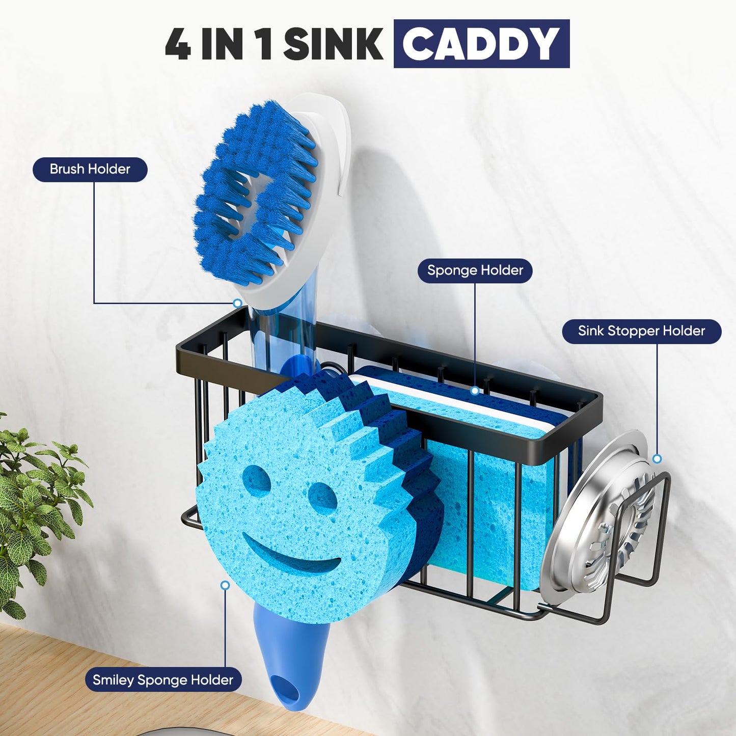MURLONG Sponge Holder for Kitchen Sink,Sink Caddy Smiley Face,4-in-1 Sponge Holder with Suction Cups & 1 PCS Adhesive Strips for Holding Soap,Brush,Scrubber,Sponge,Stopper-Black