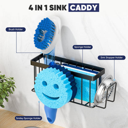 MURLONG Sponge Holder for Kitchen Sink,Sink Caddy Smiley Face,4-in-1 Sponge Holder with Suction Cups & 1 PCS Adhesive Strips for Holding Soap,Brush,Scrubber,Sponge,Stopper-Black