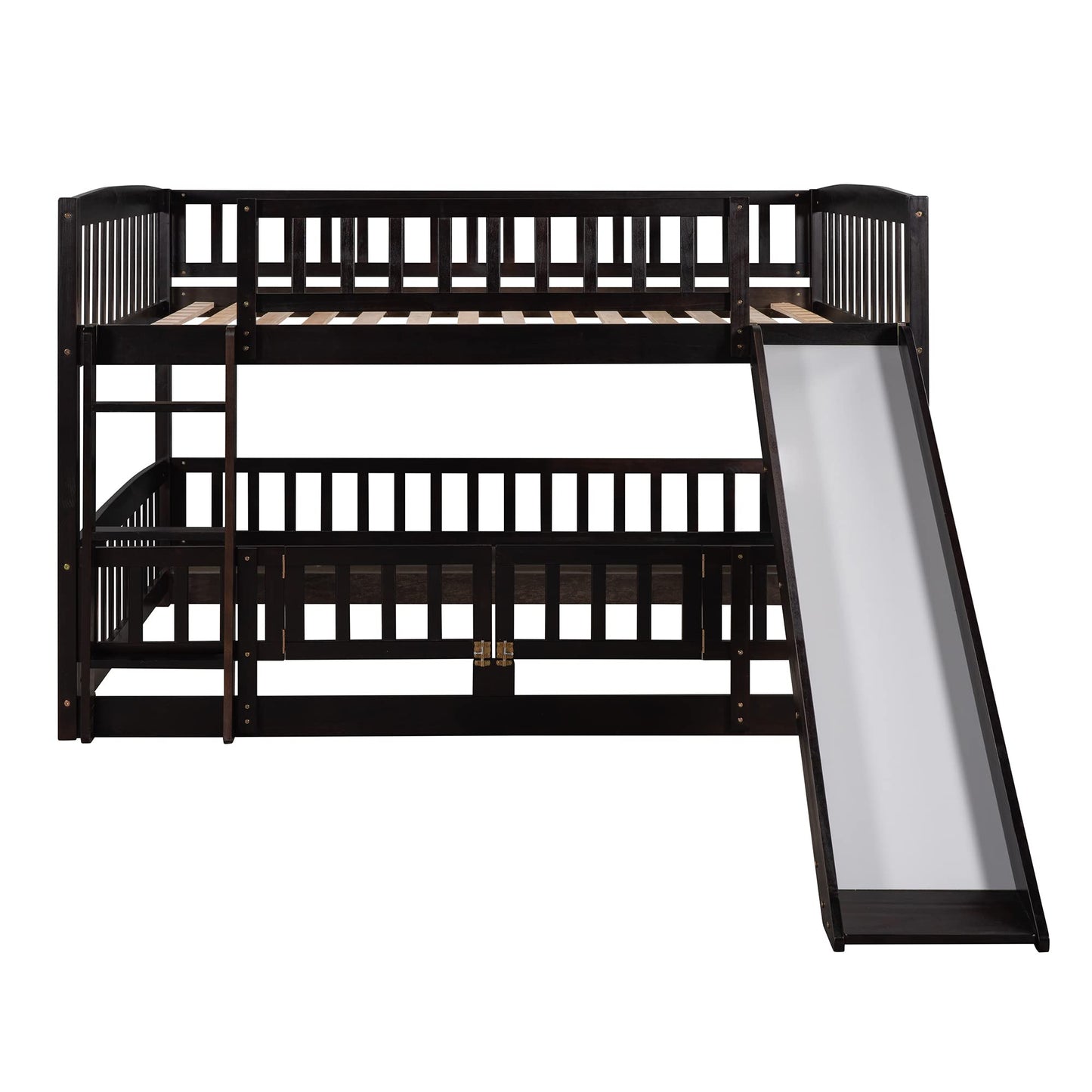 Bellemave Bunk Bed Full Over Full with Slide and Stairs, Bunk Bed for Kids, Girls, Boys, Floor Bunk beds with Fence and Door, Espresso