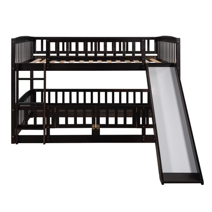 Bellemave Bunk Bed Full Over Full with Slide and Stairs, Bunk Bed for Kids, Girls, Boys, Floor Bunk beds with Fence and Door, Espresso