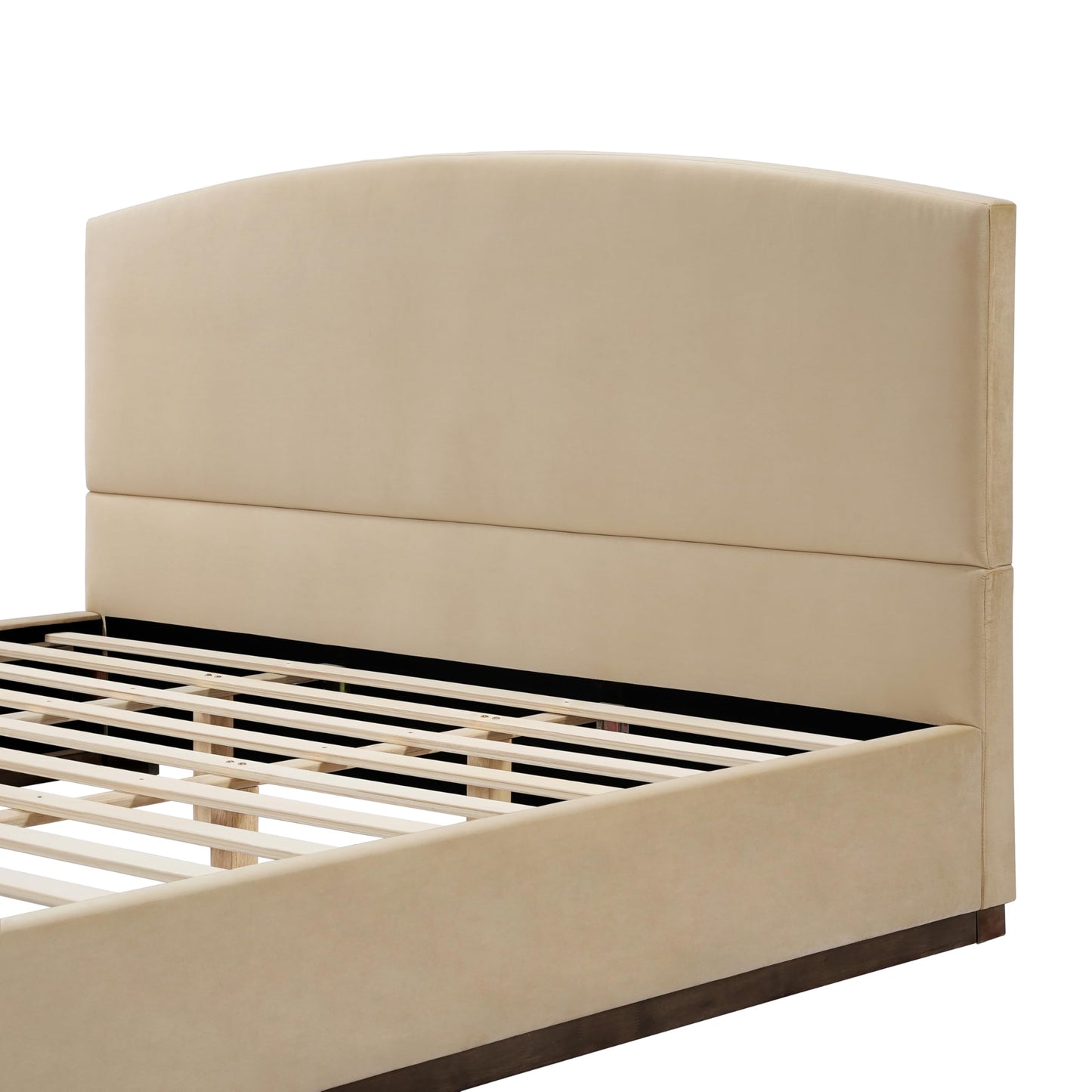 King Size Upholstered Bed Frame with Velvet Fabric Thick Headboard, Solid Wood Base, Camel