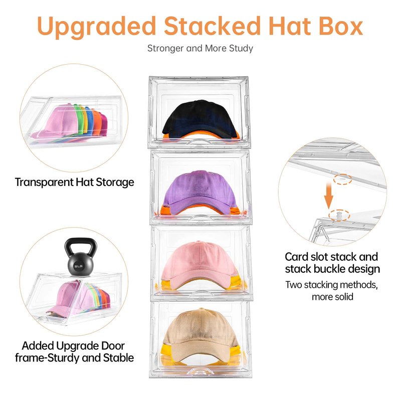 2 Pack Hat Organizer for Baseball Caps,Large Clear Cap Organizer with Drawer,Hats Holder Box for Closet with Sliding Tray,Stackable Hat Rack Display Case,Multi-use Hat Case for Caps,Each Holds 12 Hats