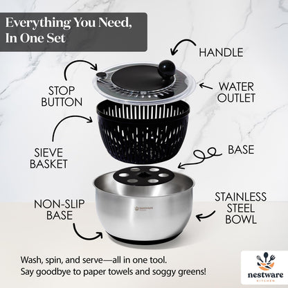 Nestware Kitchen Stainless Steel Salad Spinner, Lettuce, Vegetable & Fruit Dryer, 5L Capacity, Non-Slip Base (304 Stainless Steel - Black)