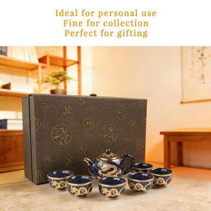 CKHNX Jun Porcelain Gold-Inlaid Tea Set, Zen Style, Includes Teapot and 6 Cups, Premium Gift Box, for Business, Festivals and Birthdays
