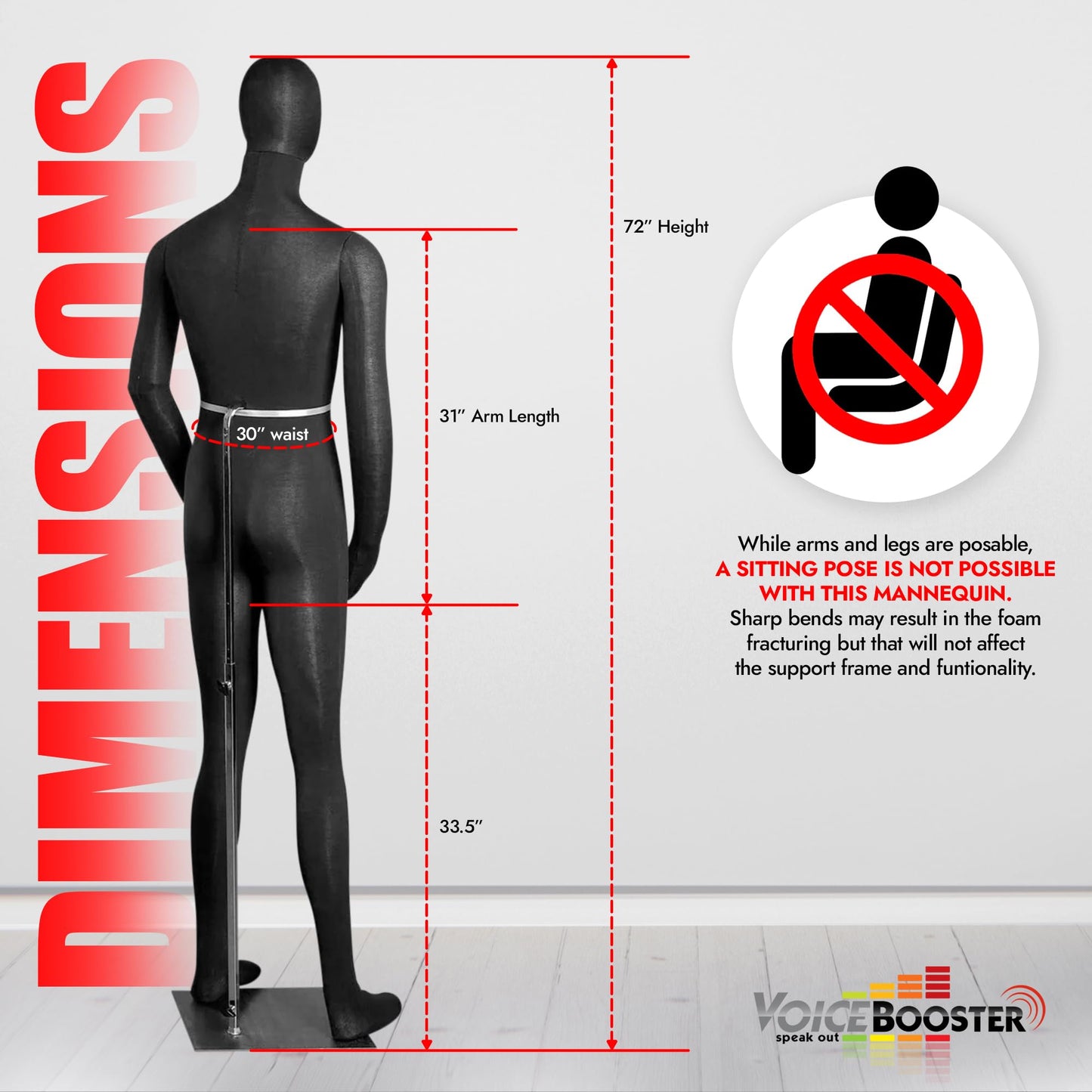 Full Body Male Mannequin by Voicebooster Speak Out - Flexible, Bendable, Poseable Standing Mannequin with Adjustable Arms - Soft Foam Dress Form for Costumes, Clothing Display, Sewing - Black