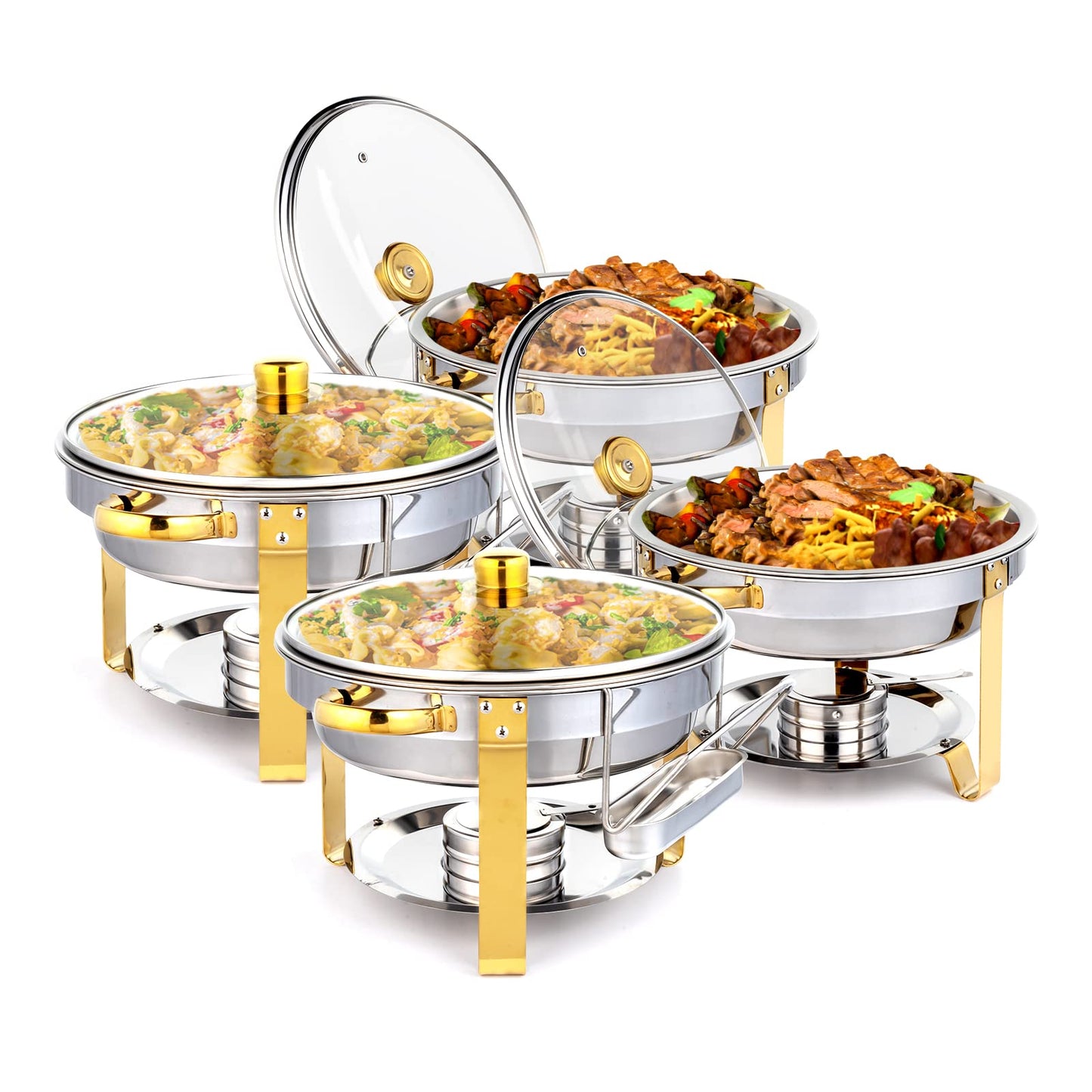 ROVSUN 5QT 4 Packs Chafing Dish Buffet Set Gold Accent, NSF Round Stainless Steel Buffet Warmer Chafers and Warmers Sets with Glass Lid & Lid Holder for Catering Events Parties Weddings Dinners