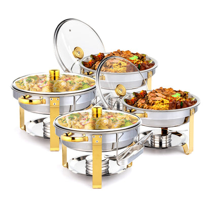 ROVSUN 5QT 4 Packs Chafing Dish Buffet Set Gold Accent, NSF Round Stainless Steel Buffet Warmer Chafers and Warmers Sets with Glass Lid & Lid Holder for Catering Events Parties Weddings Dinners
