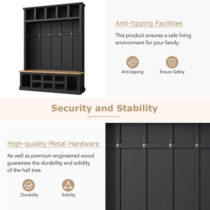 Merax Wood Farmhouse Hall Tree with Storage Entryway Bench, 3-in-1 Coat Racks with 6 Hooks &Shelves for Entrance, Hallway, Mudroom,Black