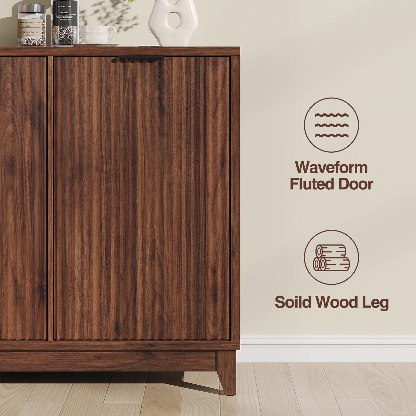 Double Tilt Out Trash Can Cabinet with Odor Control, Outlets, Fluted Trash Cabinet 13 Gallon Hidden Bin Storage, Modern Kitchen Cabinet with Soft-Close Door, Laundry Hamper Cabinet for Bathroom