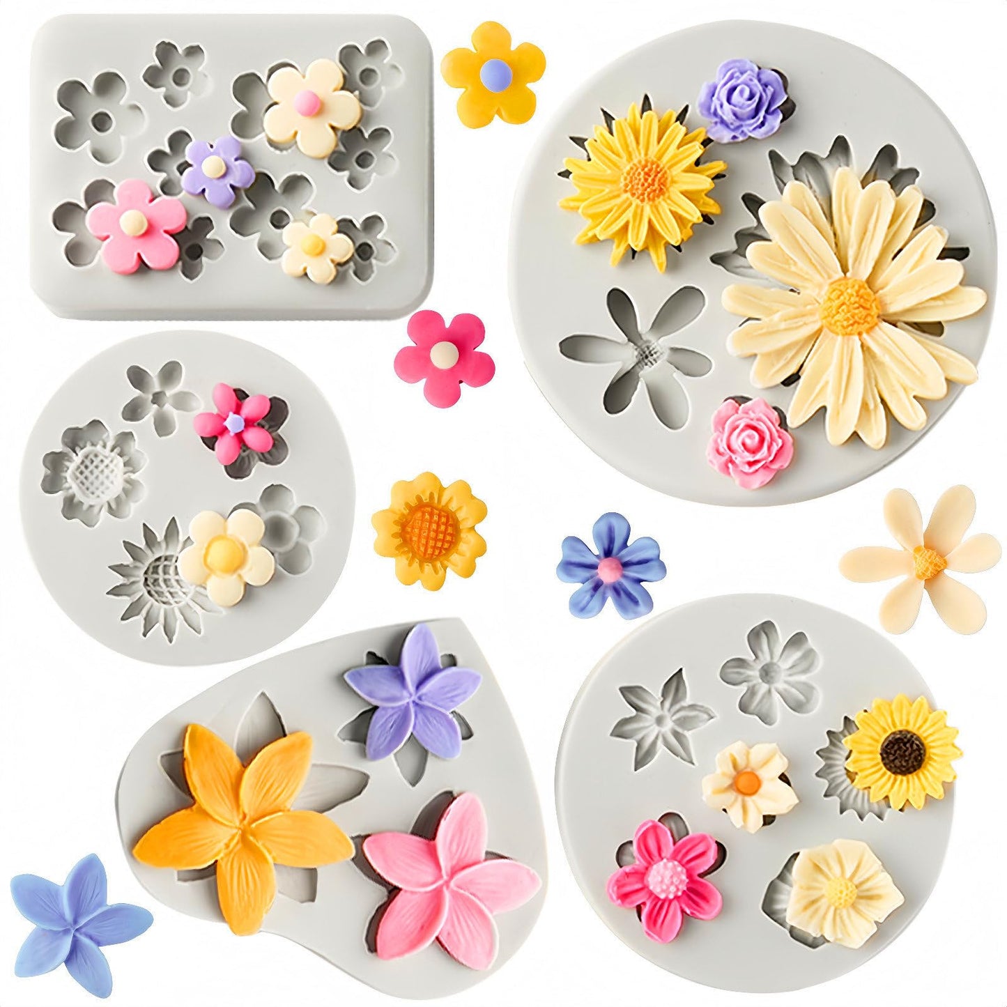 JOERSH 5PCS Silicone Flower Molds, Non-Stick Daisy Sunflower Fondant Chocolate Molds for Dessert Cake Decorating, Cupcake Topper, Cake Pop, Candy