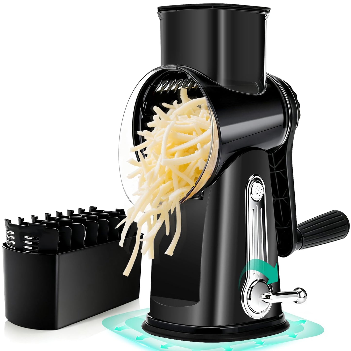 EVUCBEITS Rotary Cheese Grater Hand Crank - Cheese Shredder with 5 Blades & Strong Suction Base, Mandoline Slicer Vegetable Chopper, Kitchen Gadgets with Storage Box, Black