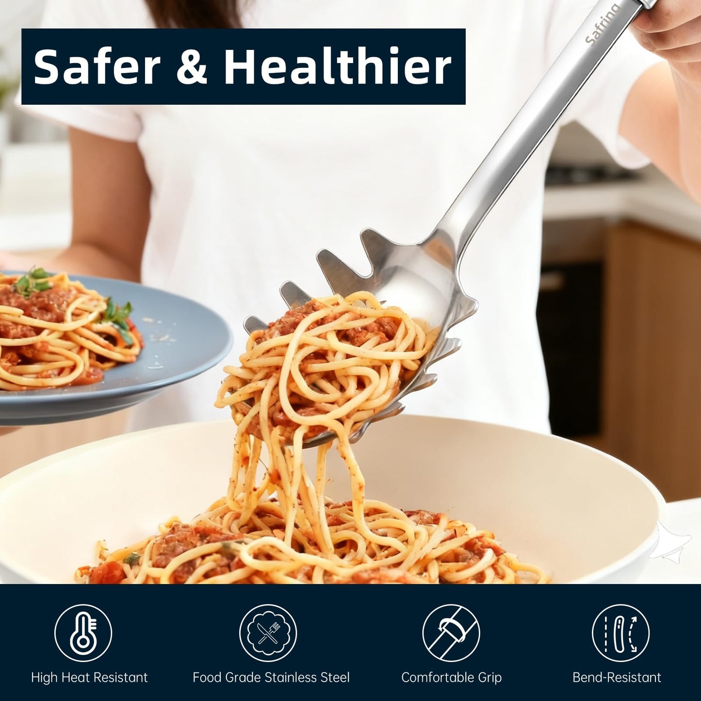 Safring Stainless Steel Soup Ladle and Spaghetti Spoon Set, Heat Resistant Rubber Handle, Dishwasher Safe, Kitchen Utensils for Cooking, Stirring, Serving Pasta, Soup & Sauce