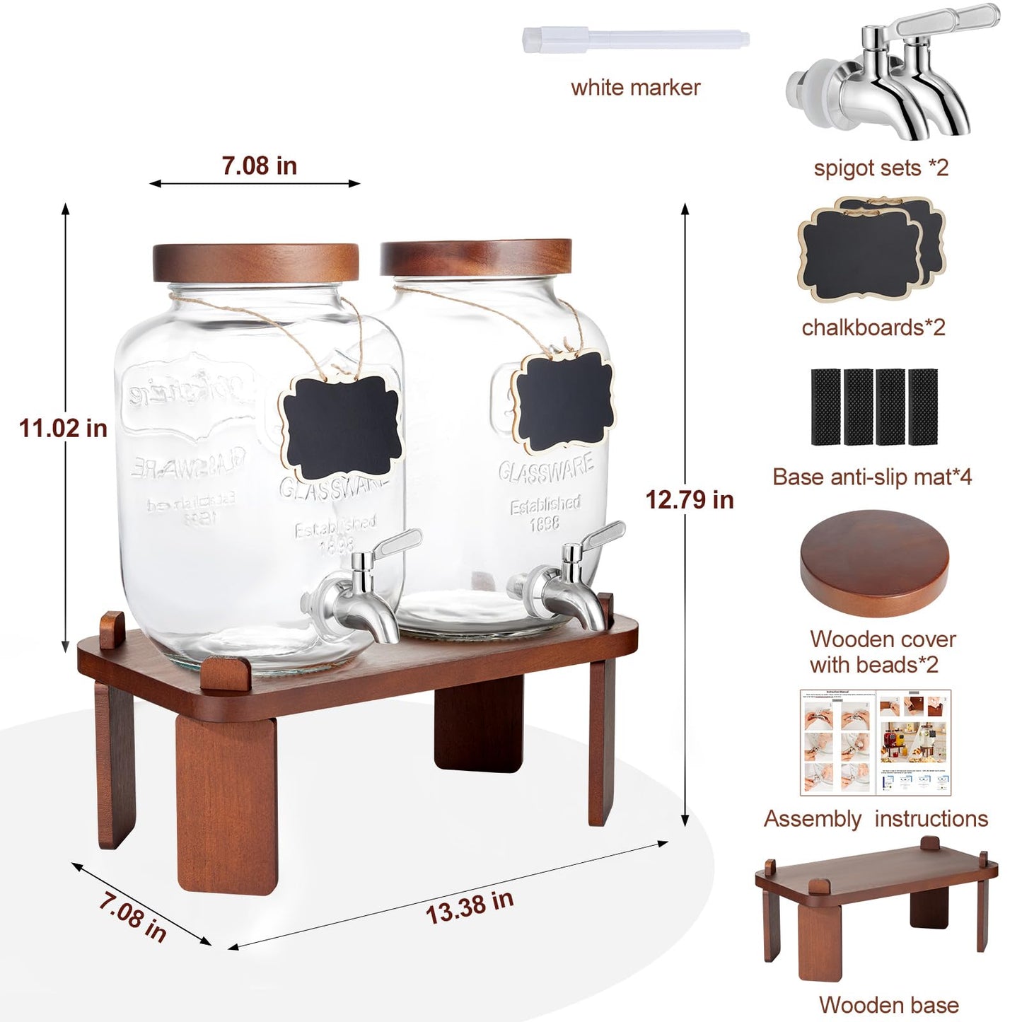 2PCS Large Drink Dispensers for Parties,Glass Beverage Dispenser with Wood Stand,Lemonade Drink Dispenser with Stainless Steel Spigot for Fridge,Water, Juice,Punch,Cocktails,Ice Tea & Sun Tea