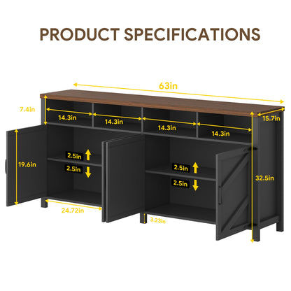 knoworld 63'' Buffet Sideboard with Storage Farmhouse with 4 Doors, Large Kitchen Storage Cabinet Wood Coffee Bar Cabinet Buffet Table with Shelves for Kitchen, Dining Room, Entryway