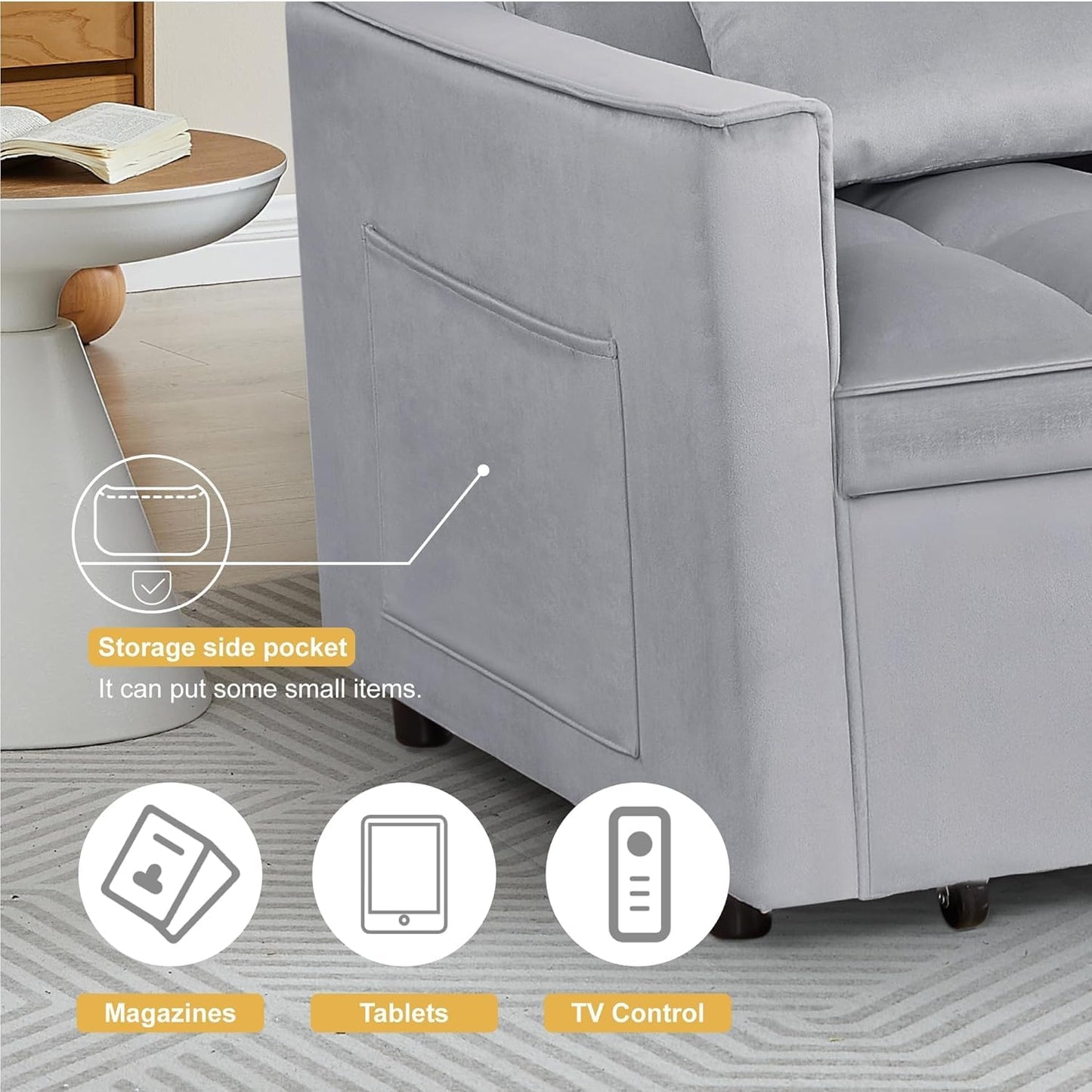 Trygoal 3-in-1 Sofa Bed, 53" Pull-Out Sleeper Sofa Bed with 3-Level Adjustable Backrest, Velvet Fabric Loveseat Sleeper Couch for Living Room & Bedroom & Apartment & Dorm Furniture, Light Gray