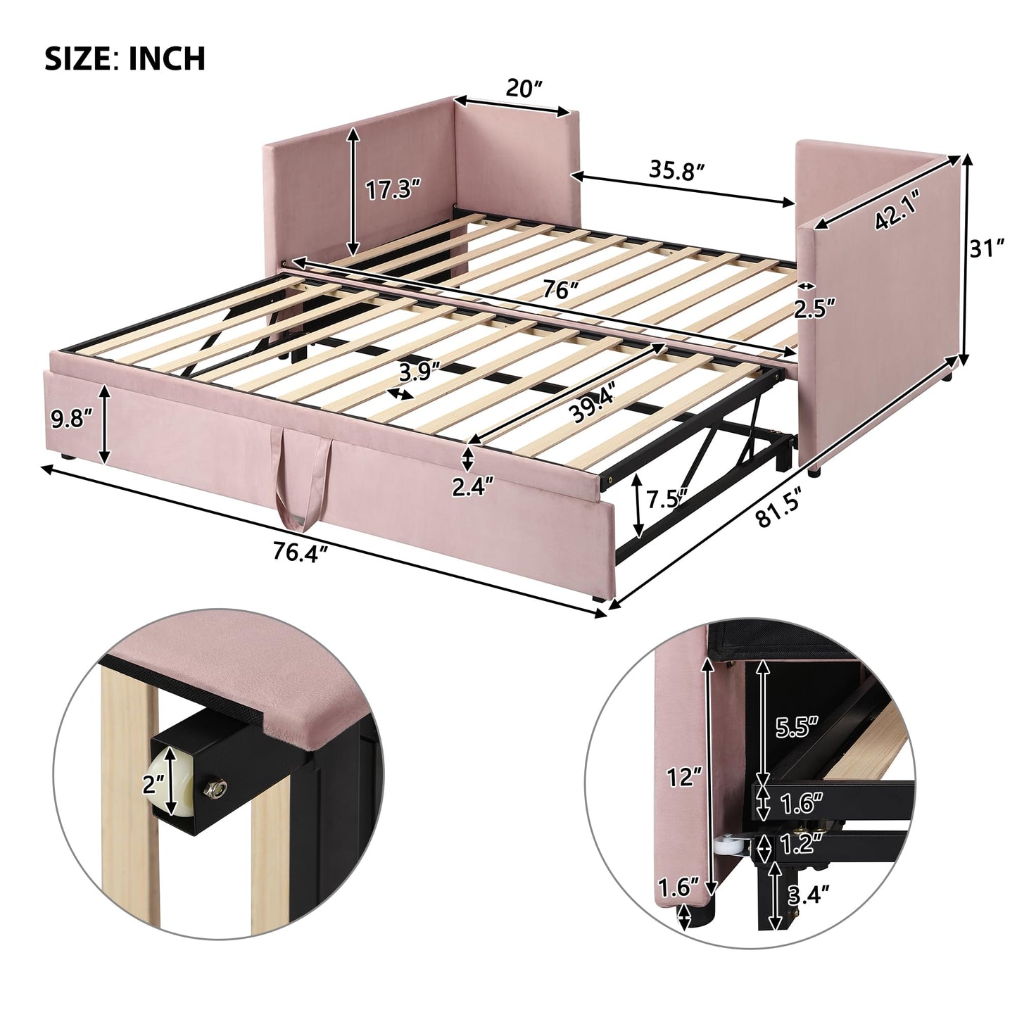 Brisca Twin Velvet Upholstered Daybed with Pop Up Trundle,Extendable Wooden Bed Frame,W/Backrest and Armrests, King-Size,for Living Room Apartment,Pink