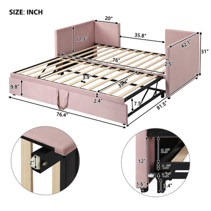 Brisca Twin Velvet Upholstered Daybed with Pop Up Trundle,Extendable Wooden Bed Frame,W/Backrest and Armrests, King-Size,for Living Room Apartment,Pink
