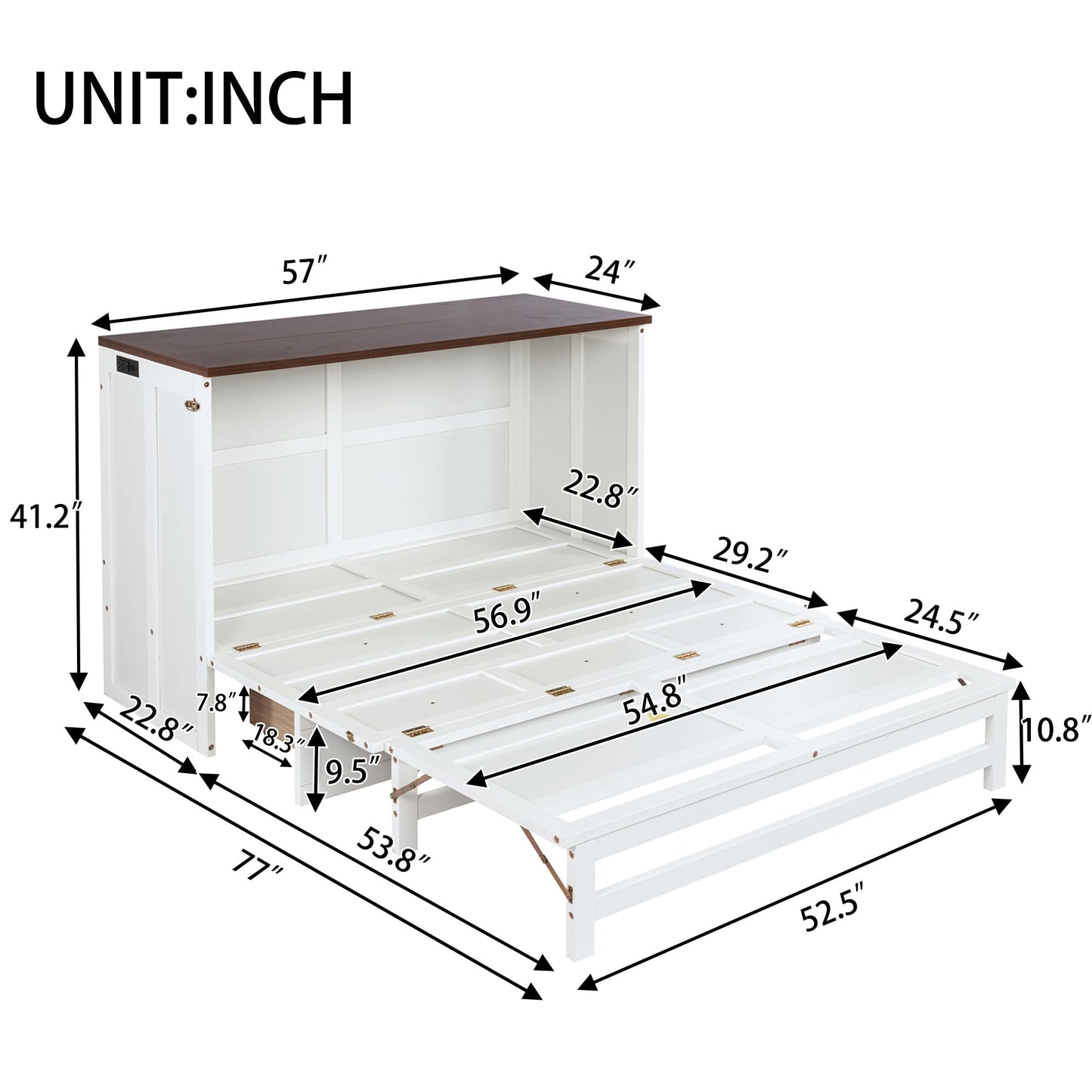 Bellemave Full Murphy Bed with Storage Drawer and Charging Station, Cabinet Bed, Farmhouse Murphy Cabinet with Foldable Panel, Noisy Free, for Guest Bedroom, Living Room, White+Walnut Panel
