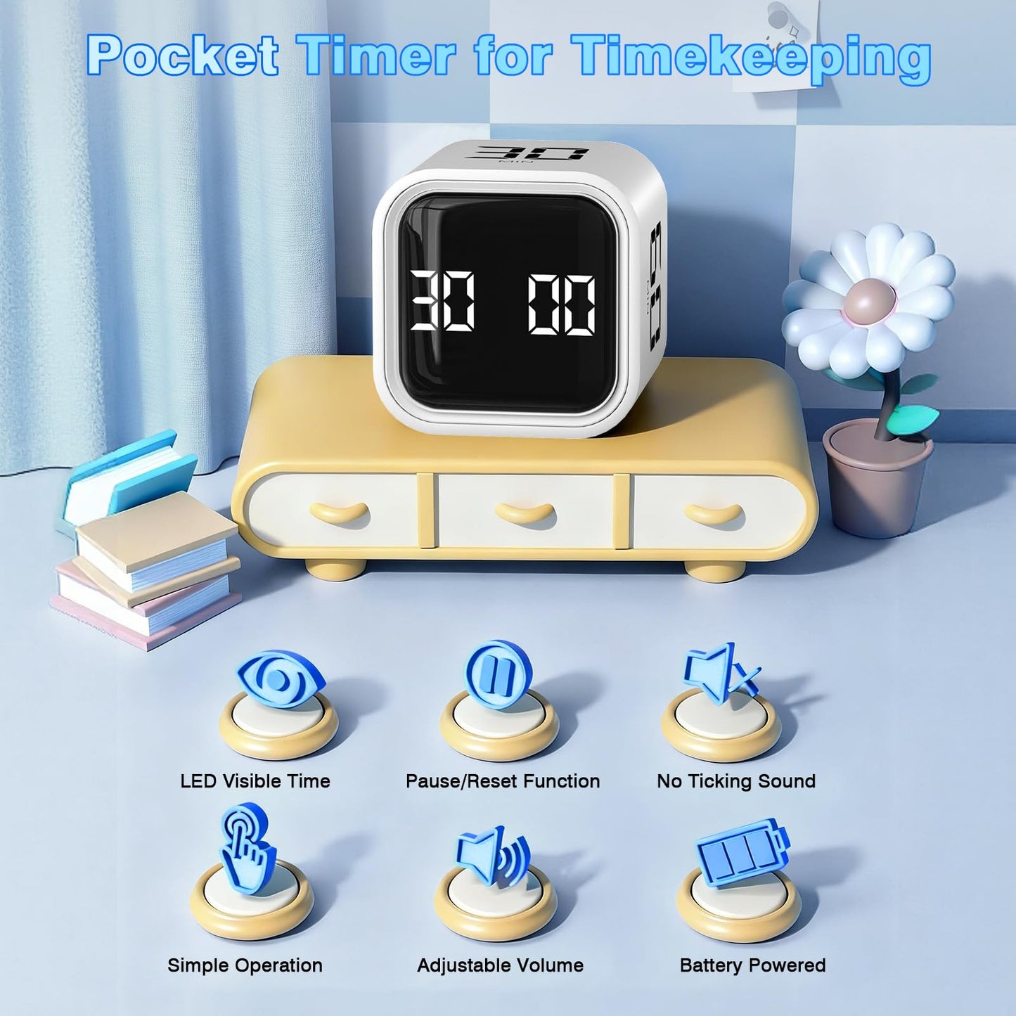 Cube Pomodoro Timer, Smart Productivity Timer 5/10/30/60 Minutes & Custom Countdown, Pause & Resume, Adjustable & Silent Visual Timer, Portable Rotation Multi Desk Timer for Study Task Work Kitchen