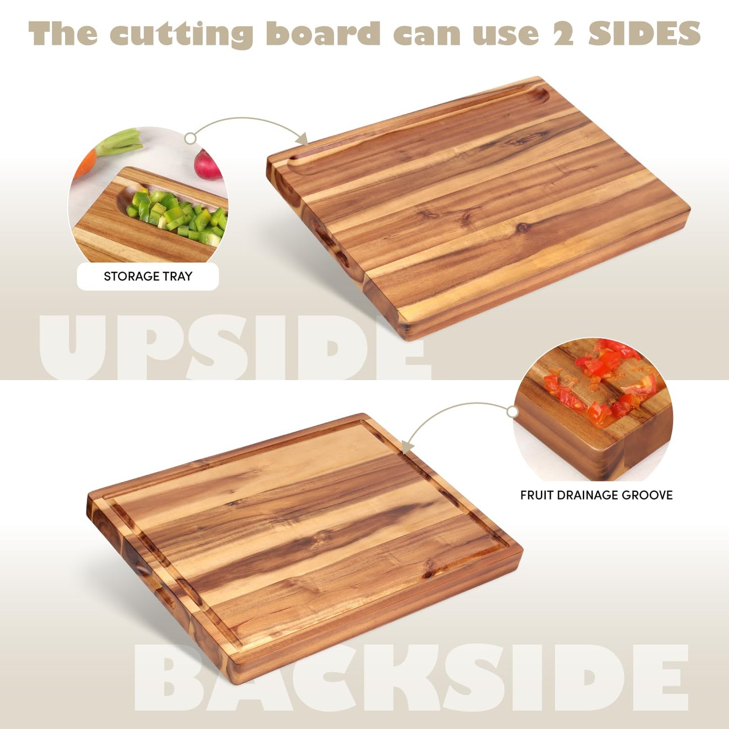 Acacia Wood Cutting Board (17x13x1.5in) and Wooden Butcher Block, Chopping Board - Reversible Multipurpose For Meat, Cheese Board, Vegetables, Bread...with Juice Groove, Cracker Holder & Inner Handles
