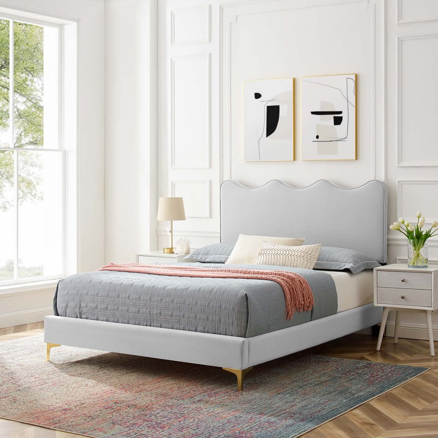 Modway Performance Velvet Full Platform Bed in Light Gray with Gold Legs
