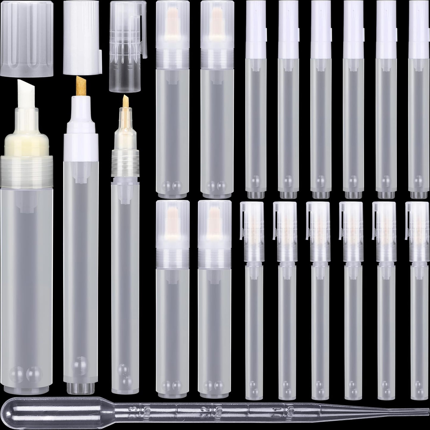 Sherr 16 Pcs Refillable Acrylic Paint Markers Empty Acrylic Markers White Refillable Paint Pen Round Tilted Flat Head Fillable Pen with 3 ml Dropper for Oil Water Ink Art Kit(3,6,8.5 mm)