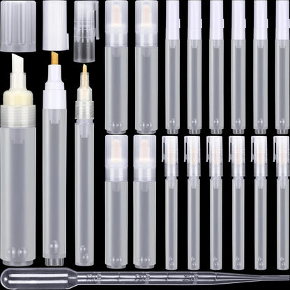 Sherr 16 Pcs Refillable Acrylic Paint Markers Empty Acrylic Markers White Refillable Paint Pen Round Tilted Flat Head Fillable Pen with 3 ml Dropper for Oil Water Ink Art Kit(3,6,8.5 mm)