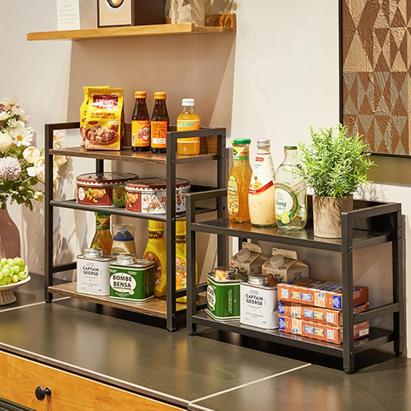 IBUYKE 3-Tier Spice Rack, Industrial Counter Shelf Desktop Storage Organizer for Kitchen, Office, Living Room, Dark Grey