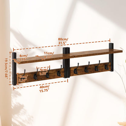 YMYNY Coat Rack Shelf Wall Mounted, Coat Hooks Set of 2, Entryway Coat Hanger with 8 Hooks, 31.5" Wall Floating Shelf with Hat Rack, for Kitchen, Bedroom, Bathroom, Rustic Brown UHWS001H-2