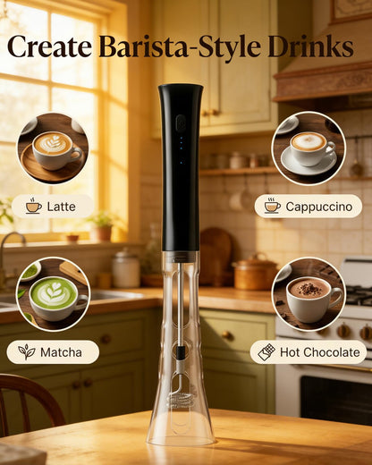 Milk Frother Handheld, Low Noise Rechargeable Frother Wand with Stand, Stainless Steel Shaft for Stability Stirrers Electric, Anti-Accidental Start Design, Coffee Mixer with 2 Double Coil Whisks