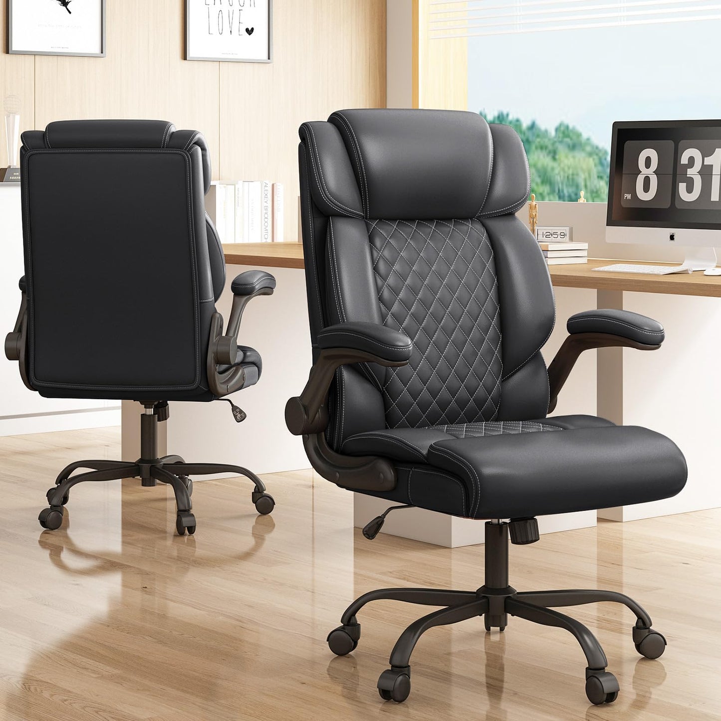 Office Chair-Executive High Back Breathable Comfy Desk Chair with Flip-up Armrests Lumbar Support-Ergonomic Leather Rolling Swivel Chair with Rock Function for Working,2 Pack