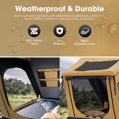 Sanhima Rooftop Tent Hard Shell - Hotham Overland Aluminium Roof Top Tent w/Larger Space, LED Strip Light & Skyview Window, 2” Thick Mattress, for Car SUV Truck Camping, 2-3 People, Khaki