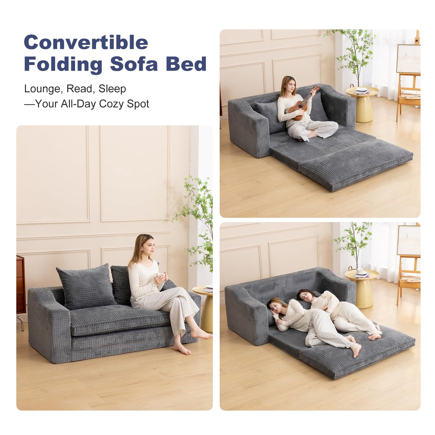 61" Convertible Sofa Bed Loveseat, Memory Foam Boneless Floor Couch with Removable Corduroy Cover, Tri-folding Compact Full-size Sleeper for Small Living Room, Playroom, Guest Room, RV (Dark Gray)