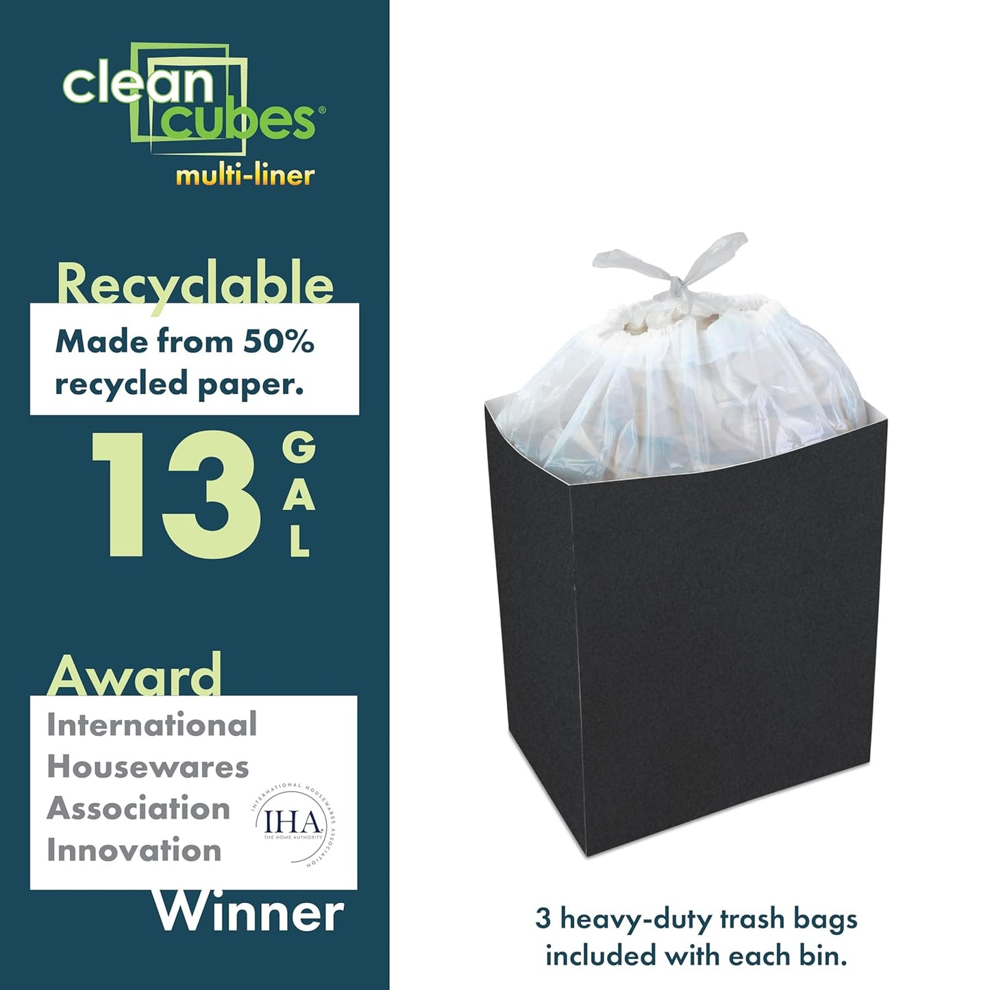 13 (3-Pack, 17" 13.5" 10" Clean Cubes Gallon Disposable Pop-Up Trash Cans Multi-Liner) with Fitted Bags Foldable