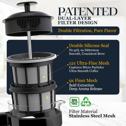 ESPRO Light P3 French Press Coffee Maker – Patented Double Micro-Filter for Grit-Free Brew, Heat Resistant thicker Borosilicate Glass Coffee press – (Black, 32 oz)