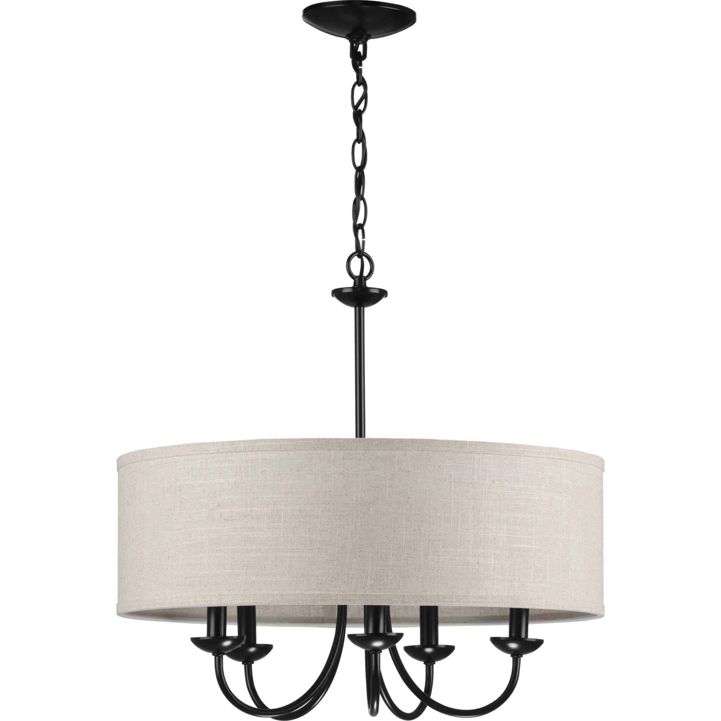 Progress Lighting Drum Shade Collection Five-Light Chandelier, Farmhouse Style Hanging Ceiling Light Fixture for Dining Rooms, Foyers, Harvest Linen Shade, Matte Black