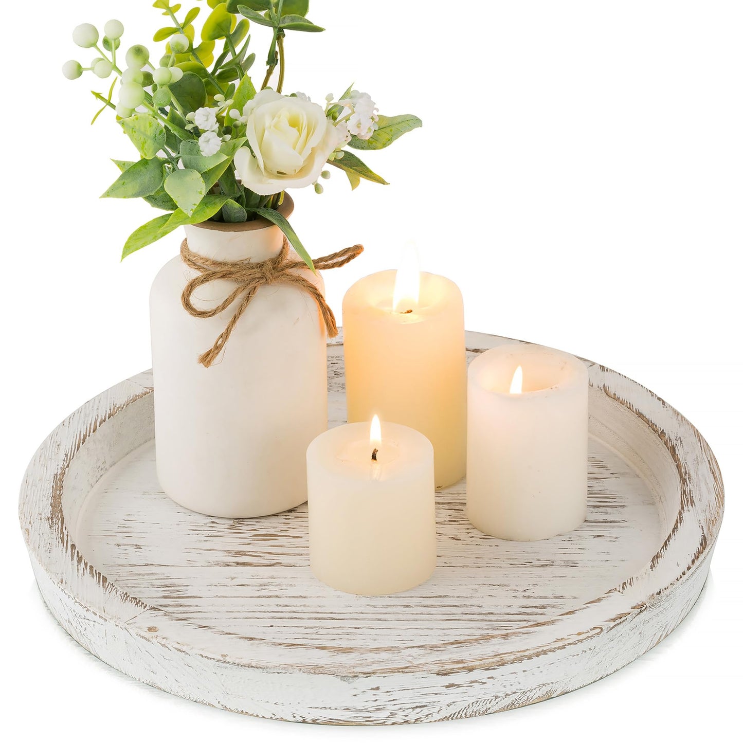 Hanobe Candle Plate Holder Tray: Round White Wood Decorative Tray Decor - Rustic Farmhouse CoffeeTable Decor - Tealight Pillar Trays for Home Decor