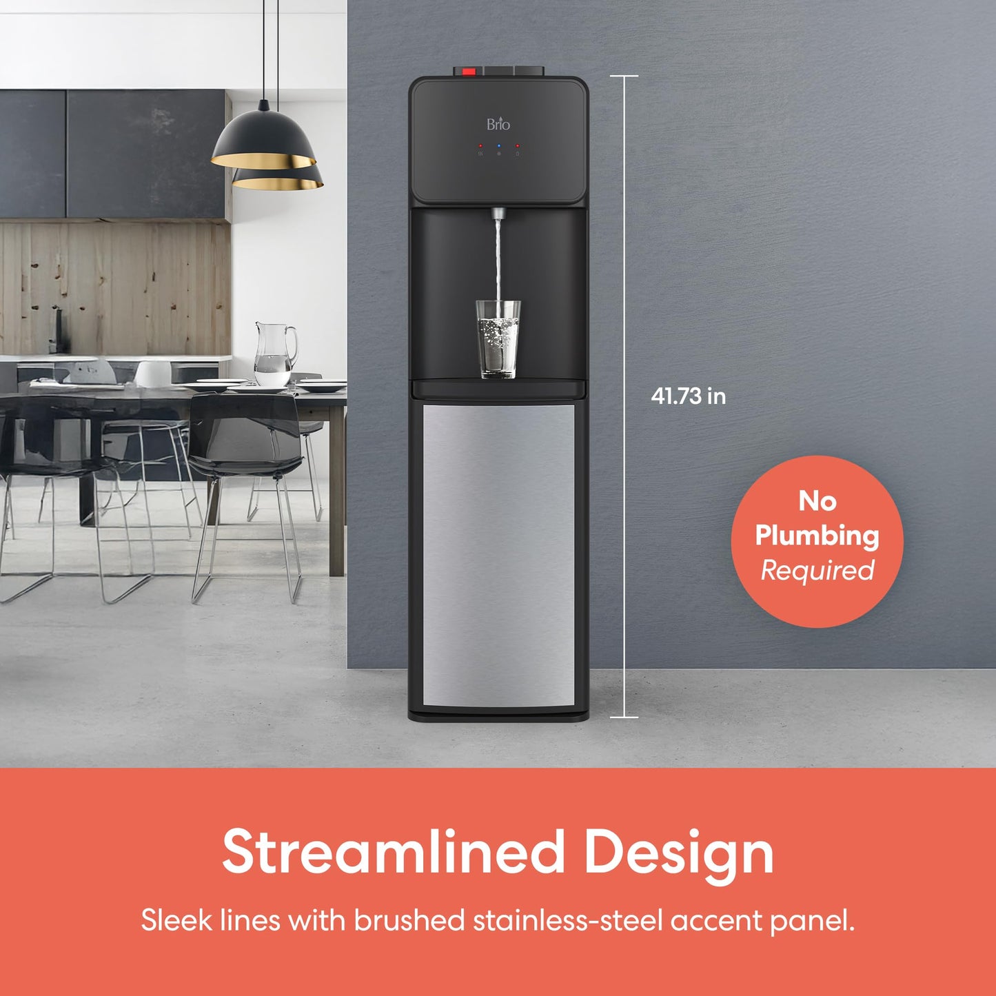 Brio 130SS Series Bottom Load Water Cooler Dispenser for 5 Gallon Bottles, Hot, Room & Cold, Great for Home or Office, Child Safety Lock, Empty Bottle Alert, Energy Star 3.0, Black & Stainless Steel