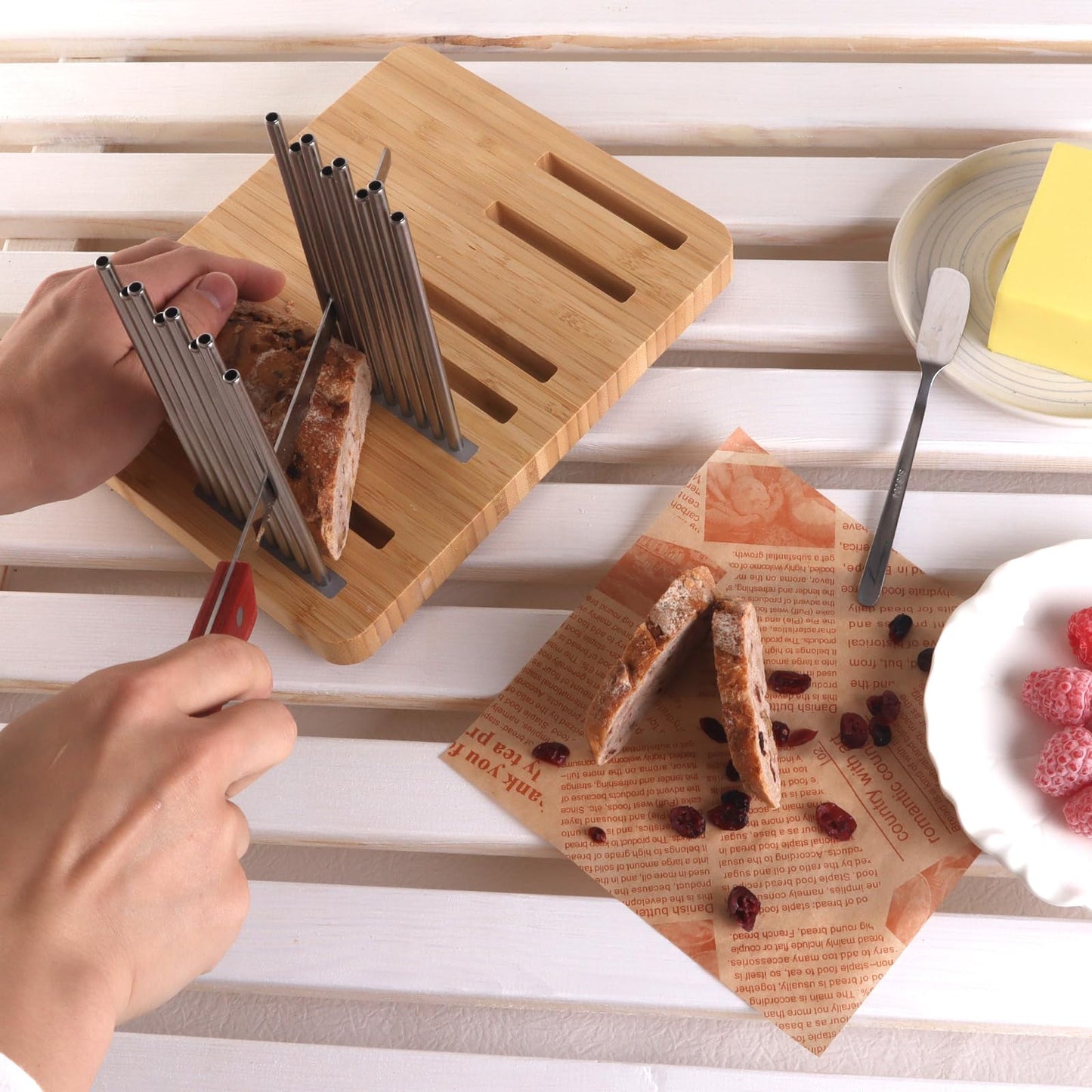 Resbywarm Bamboo Bread Slicer for Homemade Bread,Stainless Steel Slicing Guide for Bread, Adjustable Width, Foldable and Compact Cutting Guide, Bread Slicer for Sourdough Rounds, Bagels, Cake,Toast