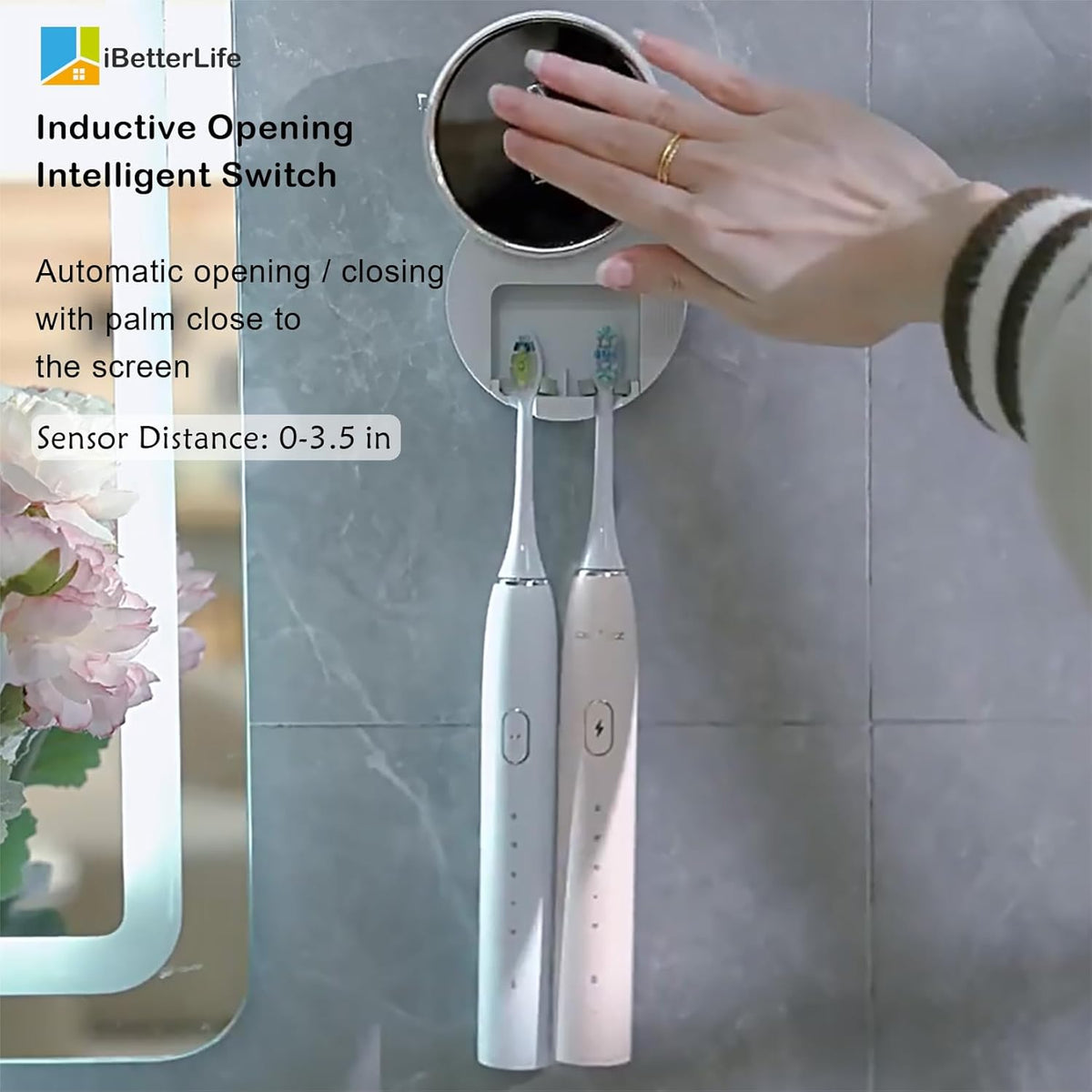 Toothbrush Holders Cleaner & Dryer for Bathroom - Mirror Wall Mounted [Rechargeable, Auto Sensor Open/Close Lid, LED