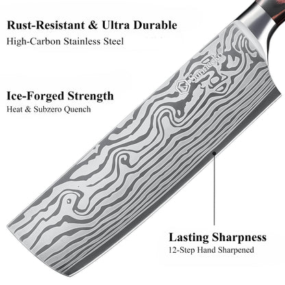 Sunnecko Japanese Nakiri Knife 7 Inch - Carbon Steel Chef Knife Vegetable Cleaver with Sheath, Kitchen Gift for Home Cooks, Professional Kitchen Knife Gift Box