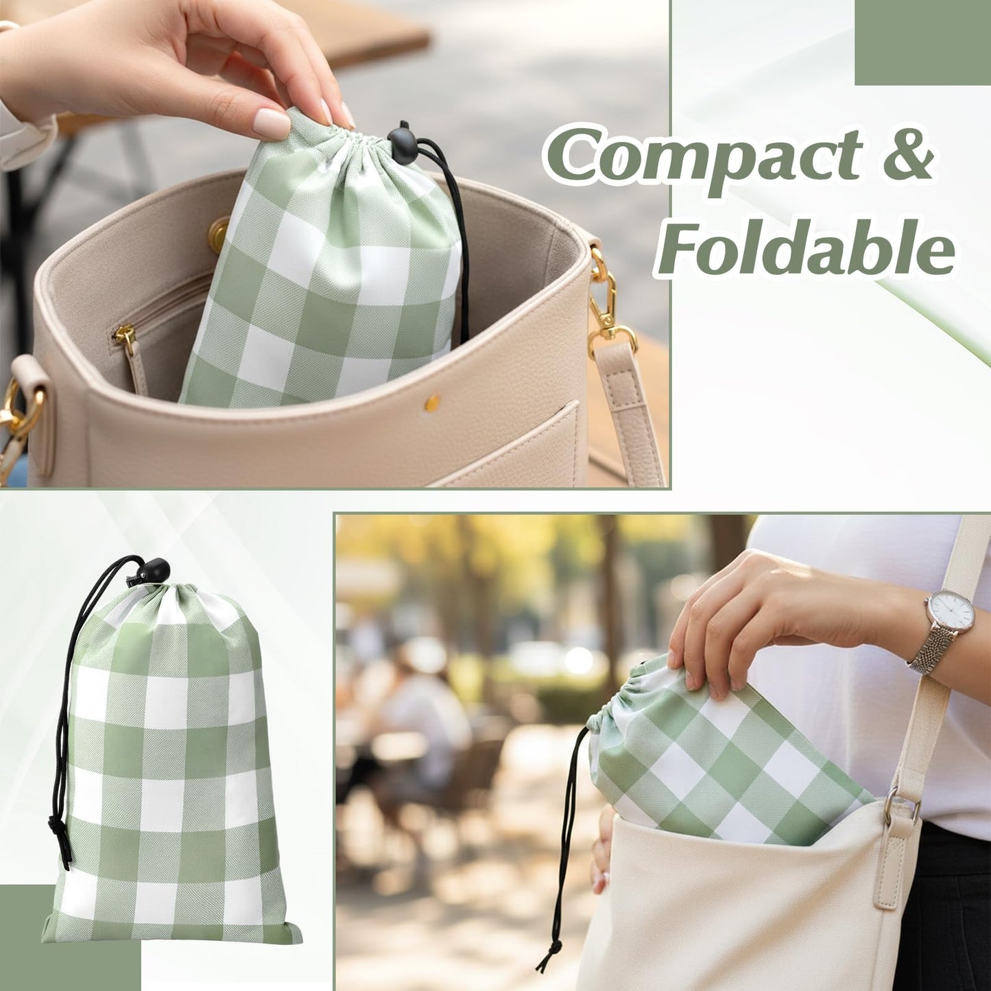 HunnmingRe Green Gingham Pocket Picnic Blanket with Storage Bag 55 x 60inch Packable Sandproof Waterproof Beach Mat Compact Washable Picnic Mat for Outdoor Hiking Camping Travel Outdoors
